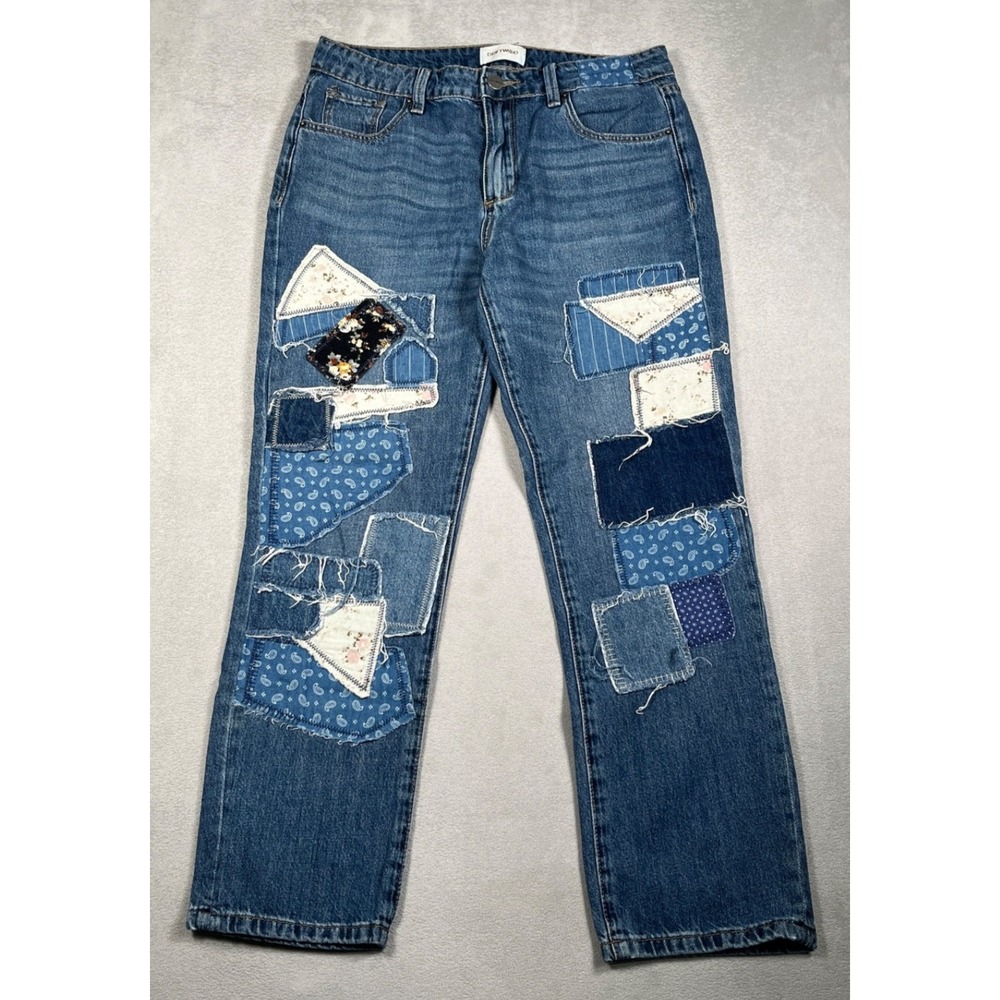 Driftwood Abbey Patchwork Jeans Womens 26 Blue Denim Floral Bandana Straight Leg